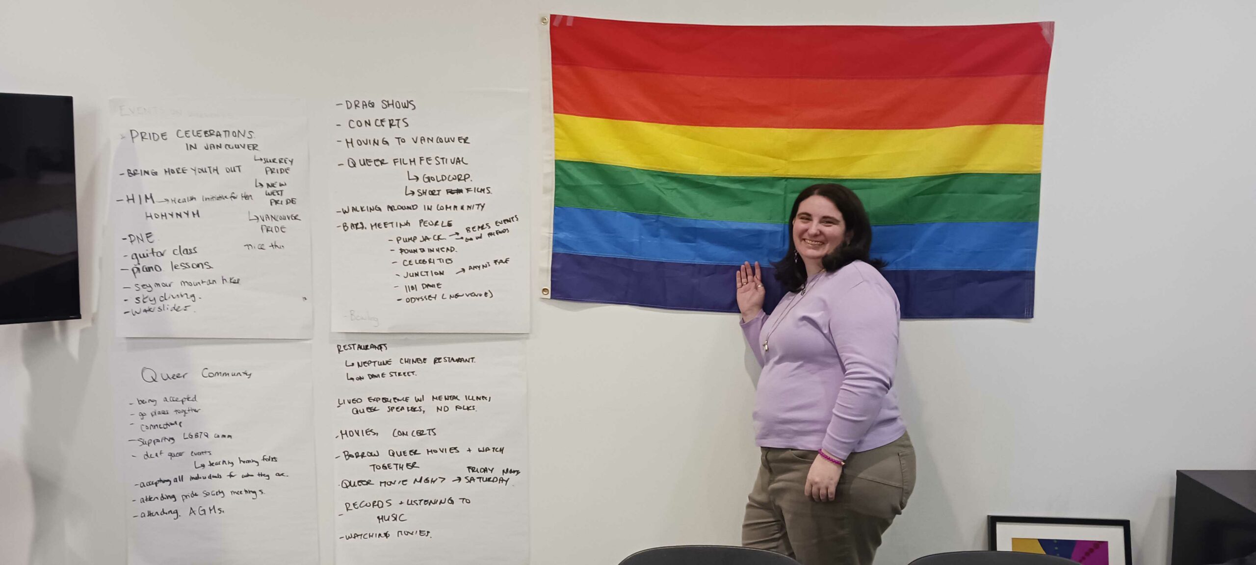 A woman with dark brown hair stands in front of a rainbow pride flag. She is wearing a light purple sweater and brown pants, and is smiling. Next to her are four large sheets of paper, with a long list of suggested ways to connect with queer community.