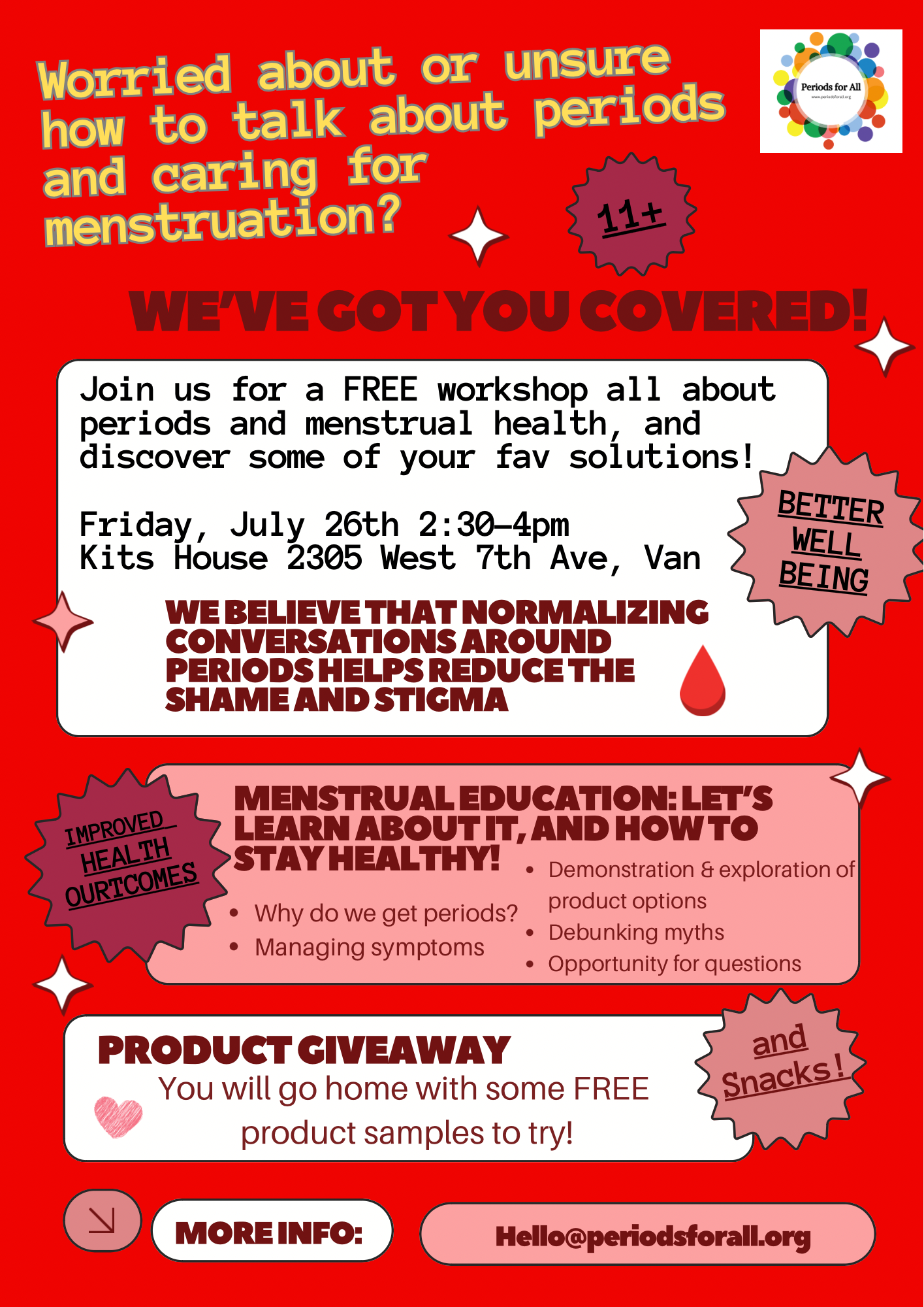 [ID: A poster for Periods for All presents Peer-iod Talks. There is text on a red background that details the event. There is also text that reads: Product Giveaway: you will go home with some FREE product samples to try! And Snacks!]